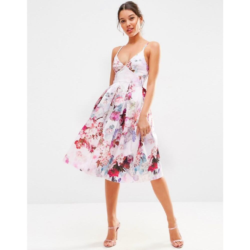 ASOS Strappy Midi Floral Fit & Flare Dress Sz 8 Lilac Bloom Summer Romantic Pink